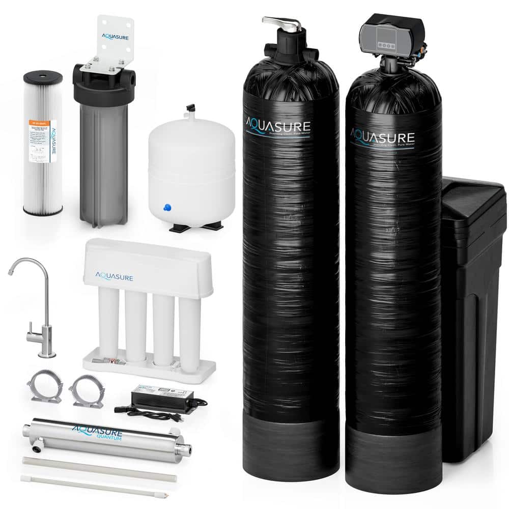 AQUASURE 70,000 Grains Whole House Water Softener and Conditioner Bundle with 18GPM UV Sterilizer and RO Filter System