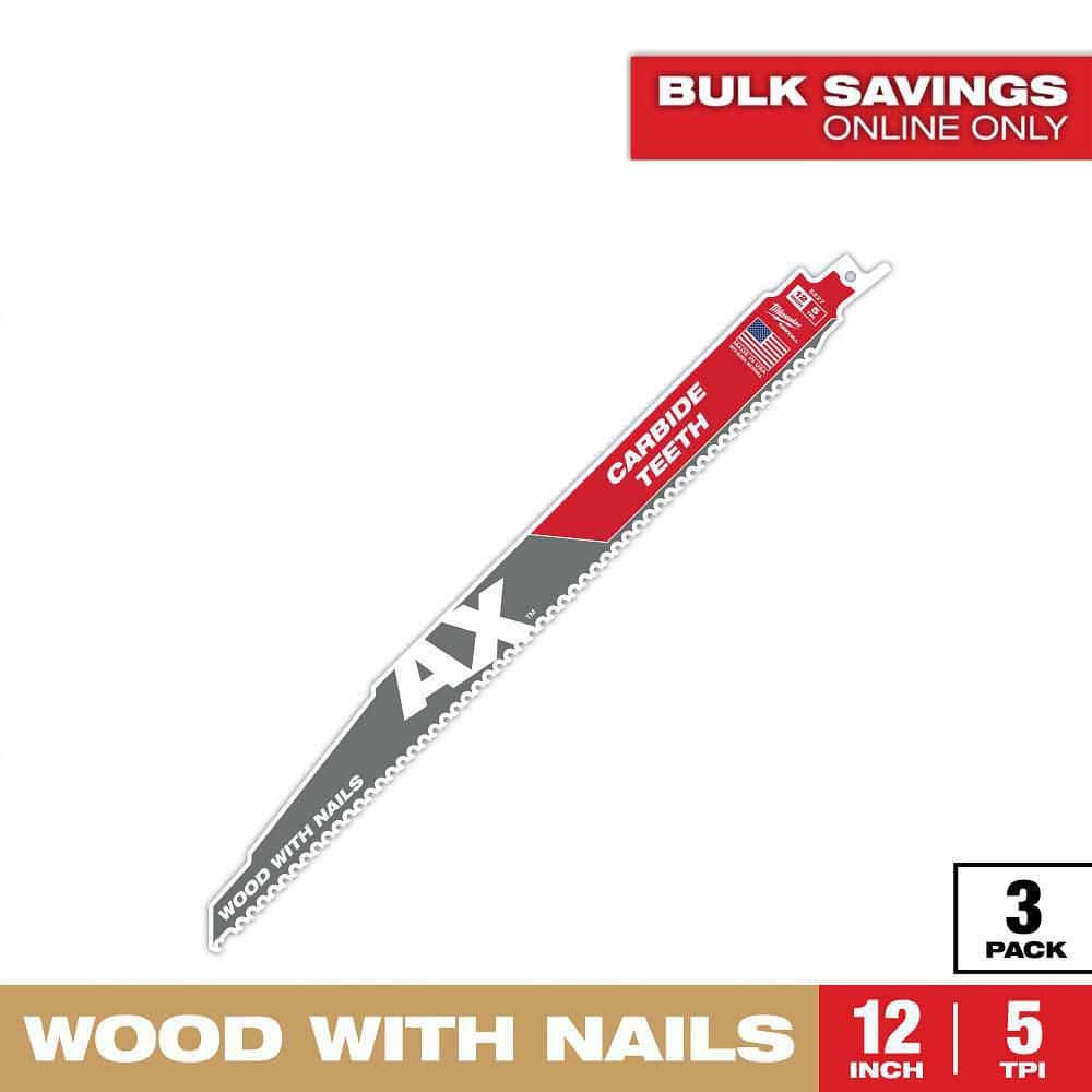 Milwaukee 12 in. 5 TPI AX Carbide Teeth Demolition Nail-Embedded Wood Cutting SAWZALL Reciprocating Saw Blades (3-Pack)