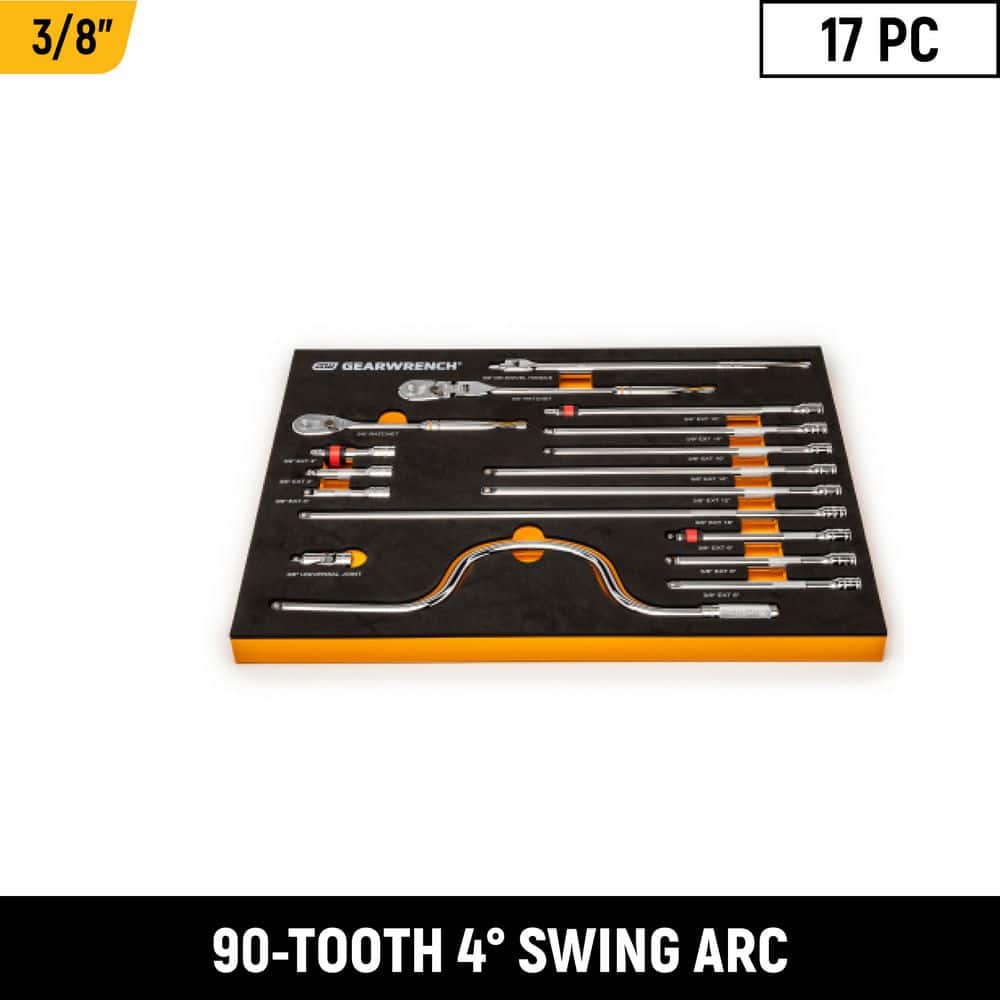 GEARWRENCH 3/8 in. Drive 90-Tooth Ratchets and Drive Tool Set in EVA Foam Tray (17-Piece)