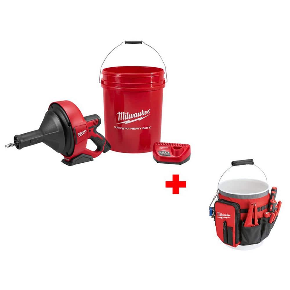 Milwaukee M12 12-Volt Lithium-Ion Cordless Drain Snake Kit with Bucket Organizer Bag