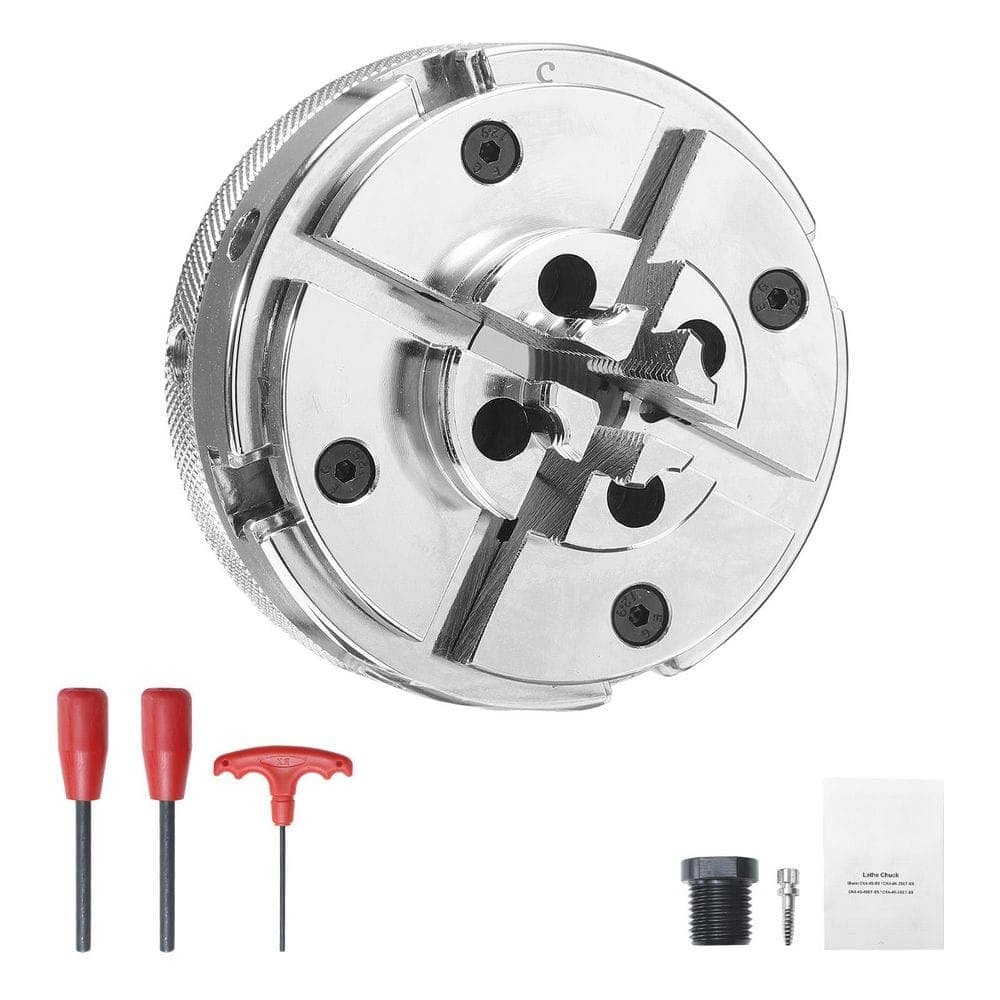SKYSHALO 4 in. Wood Lathe Chuck, 4-Jaw Self-Centering, 1 in. x 8 TPI with Adapter, Nickel-Plated Steel for Wood Turning Set