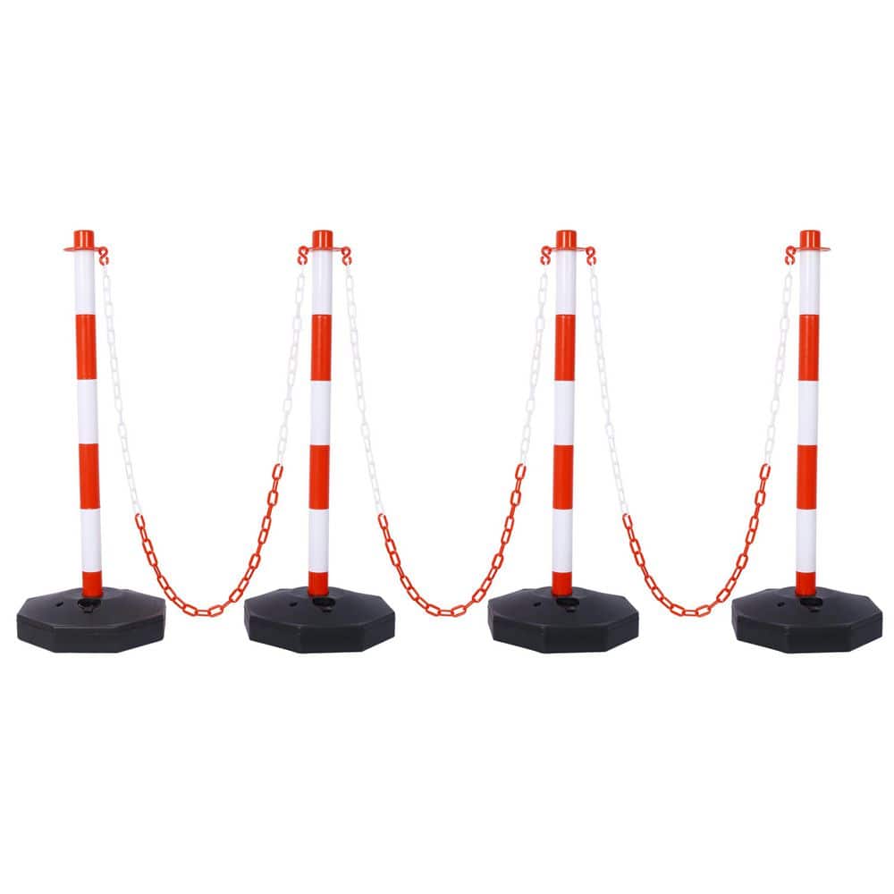 cadeninc 4-Pack White/Red Plastic Safety Barrier Post w/Fillable Base,5Ft Plastic Chain for Traffic Control and Warning W/R