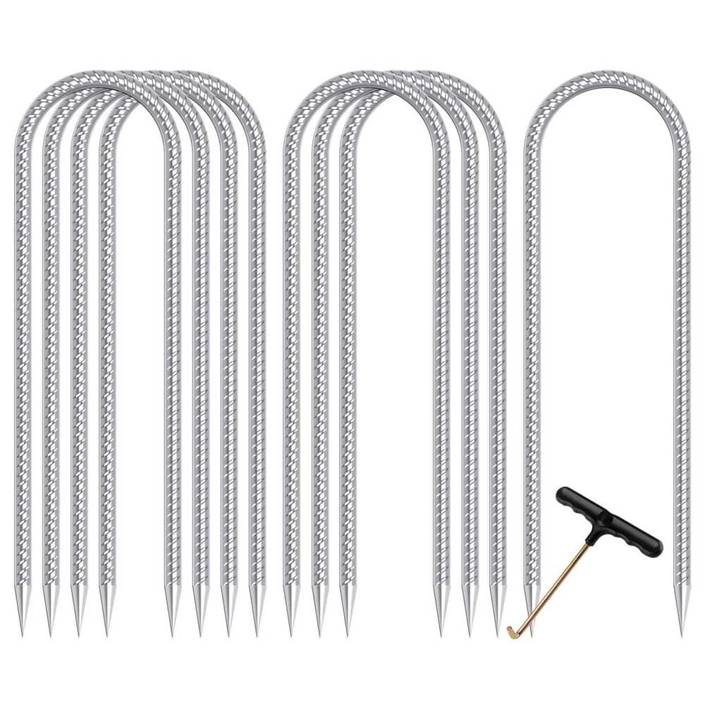 NVNOO 12 in. High Wind Heavy Duty Galvanized Steel Trampoline Stakes for Outdoor Camping, Silver (8-Pack)